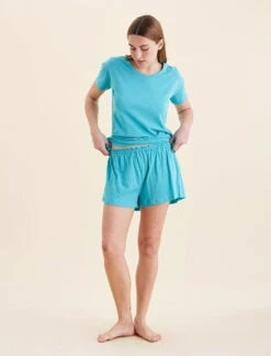 Jada Organic Cotton Knit Elasticated Waist Short -Claudia Sale Shop 24258 188 JadaOrganicCottonButtonShort BlueTurquoise 0002 cb7a4656 087e 419b 981d 4f31c0c60132