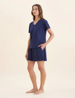 Maya Linen Cotton V-Neck Tee -Claudia Sale Shop 25090 18 MayaLinenCottonVNeckTee Navy 0004