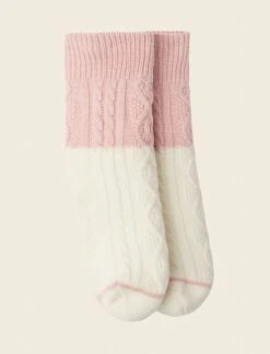 Color Block Cable Socks -Claudia Sale Shop SnuggleSocks EcruandPink 002
