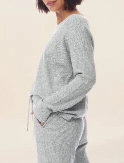 Super Soft Waffle V-Neck Long Sleeve Top -Claudia Sale Shop Waffle Grey V Neck Top Side Iconic 001
